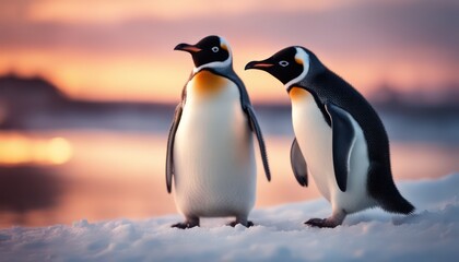 Fototapeta premium Serene sunset with two penguins on icy terrain