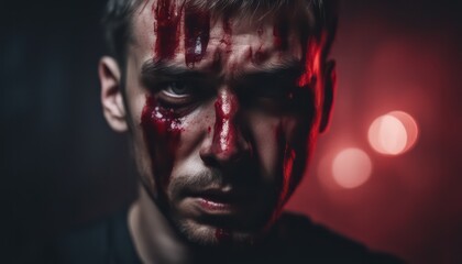 Intense man with blood on face in dark ambiance