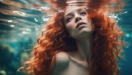 Serene woman with striking red hair floats gracefully beneath the water's surface