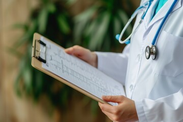 Physician reviewing patient's medical records on a clipboard. Professional healthcare and medicine concept. Design for banner, poster