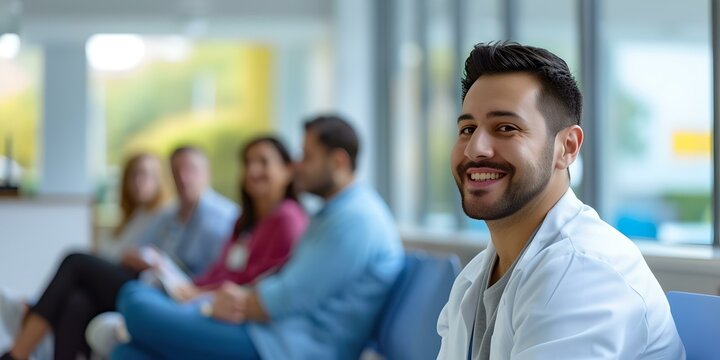 Smiling professional man in focus with colleagues in soft blur. a bright office setting. casual work attire. stock photo for business use. AI