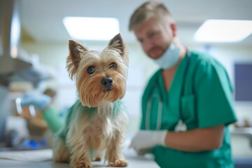 Yorkshire Terrier with veterinarian in a clinical setting. Pet healthcare and veterinary medicine concept. Design for banner, poster, advertising