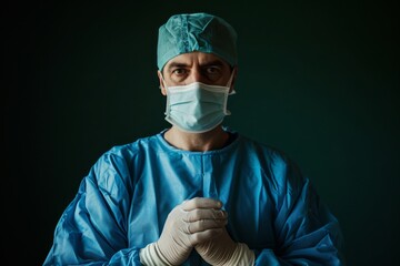 Surgeon in blue scrubs with surgical mask and protective cap ready for operation. Professional medical staff and healthcare concept. Design for banner, poster, advertising