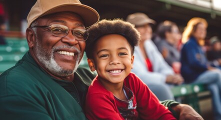 Smiling African American Grandfather and Grandson Enjoying Baseball Game Together in Stands - Concept of Sports, Spectating, and Family Bonding for