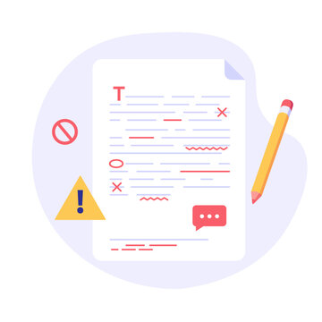 Editing document with text. Correcting grammar mistake with red marker. Teacher fix page text errors. Concept of proofread script, grammar edit, correcting mistake. Vector flat cartoon illustration