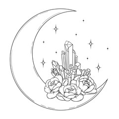 Vector line art mystical celestial magic witchcraft elements. Esoteric crescent moon, crystal, peony rose, stars, leaves, line art.