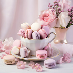 Obraz na płótnie Canvas cup of tea with macarons, pastel tones