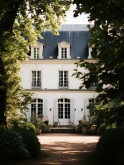 A magnificent French house nestled amidst lush trees, captured in a stunning daytime photo by . Generative AI.