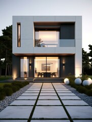 A modern house with a stone walkway and beautiful landscaping. Generative AI.