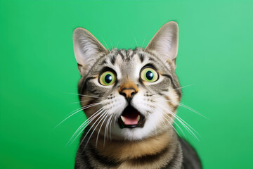 Funny surprised cat isolated on bright green background. Studio portrait of a cat with amazed face.