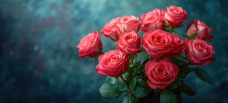 a bouquet of red roses is on a dark background, in the style of light indigo and pink, shaped canvas, uhd image, lilia alvarado, pink and aquamarine, composed, traditional