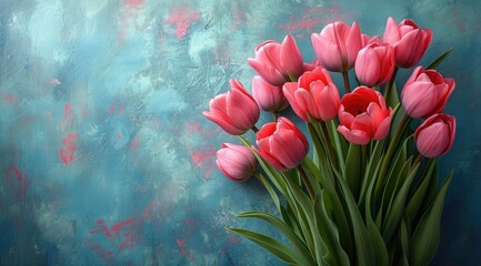 Fototapeta na wymiar a bouquet of tulips on a blue painted background, in the style of rustic texture, dark pink and light emerald, decorative backgrounds, matte background 
