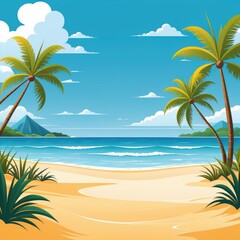 Fototapeta na wymiar Illustration of tropical beach with palms, sea and blue sky. Generative AI