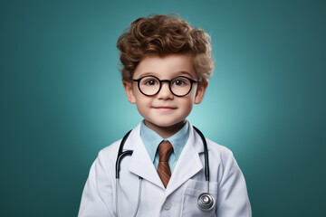 Portrait of a little boy with dark curly hair wearing glasses and a medical white coat with a stethoscope on a simple color background