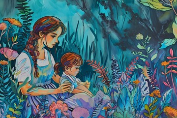disney illustration of mother and child in the forest, in the style of colorful storytelling