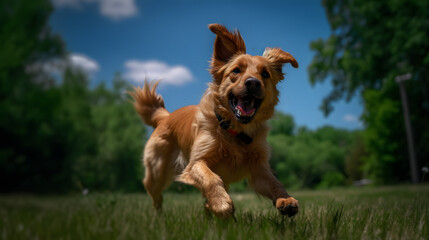 Joyful Sprint: Exuberant Dog Enjoying a Sunny Day Outdoors AI-Generative