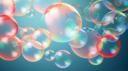 bright flying soap bubbles on a blue background, AI generation