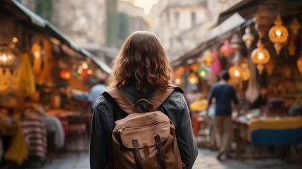 Foto op Canvas Back view Woman with backpack and hat walking down exotic market street, surrounded by vibrant stalls and lights. Concept travel tourism trip in bazaar Arab country or Egypt. © Adin