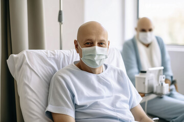 Fototapeta na wymiar Cancer patient Bald man smiling in hospital bed, drip stand in background, conveying hope and positivity. Concept desire for life, treatment of fatal disease