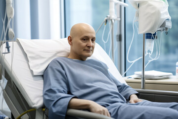 Cancer patient Bald man smiling in hospital bed, drip stand in background, conveying hope and positivity. Concept desire for life, treatment of fatal disease