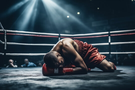 Defeated male boxer sitting on mat in ring, reflecting on loss