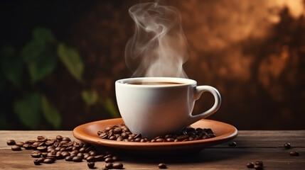 Fototapeta na wymiar Banner steaming cup of coffee with scattered roasted beans, evoking warmth and aroma.