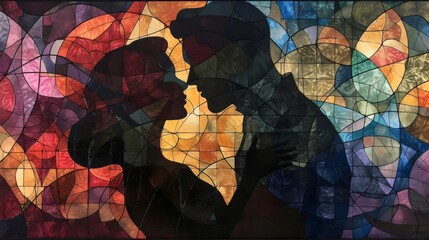 Abstract Stained Glass Art with Human Silhouettes