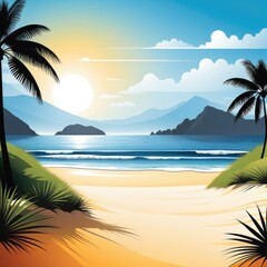 Illustration of tropical beach with palms, sea and blue sky. Generative AI