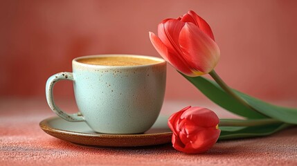 Fototapeta na wymiar a cup of coffee along with a tulip and flower close up png, in the style of minimalist images, light white and light black, birds-eye-view, red and green, minimalist photography, website, warmcore 