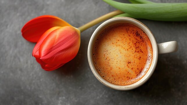 a cup of coffee along with a tulip and flower close up png, in the style of minimalist images, light white and light black, birds-eye-view, red and green, minimalist photography, website, warmcore
