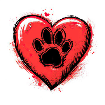 heart illustration with puppy or dog paw foot trace , isolated on white background