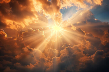 God light in heaven symbolizing divine presence, truth, spiritual illumination, God love and grace. Light beams blessing world with heavenly light