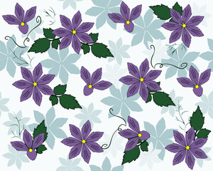 Seamless pattern with purple clematis on a light colored background. Vector illustration for fabric, wallpaper, textile design