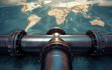Close up of metallic pipe for transporting gas. The concept of oil pipeline, gas pipeline. World map in background. - obrazy, fototapety, plakaty