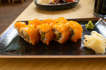 Maki Sushi, California Rolls with Cucumber, Avocado, Raw Fish and Red Tobiko Caviar, Makizushi