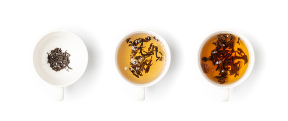 Tea Brewing Process in White Cup Isolated, Stages of Brewing Black Tea, Brew Ceremony, White...