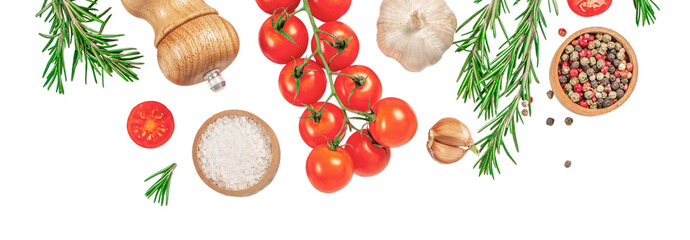 cooking background, with spices, herbs and vegetables isolated on white background. Long banner...