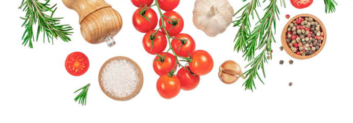 cooking background, with spices, herbs and vegetables isolated on white background. Long banner format