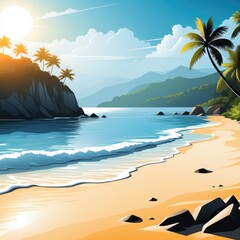 Illustration of tropical beach with palms, sea and blue sky. Generative AI