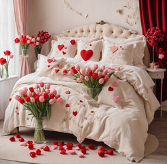 Beautiful bedroom in beige tones,decorated with tulips for Valentine's Day