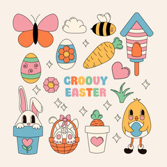 Fototapeta premium Groovy Happy Easter set. Easter bunny, eggs, butterfly, chicken, bee, flower. Set of cartoon characters and elements in trendy retro 60s 70s cartoon style. Flat vector hand drawn illustration.