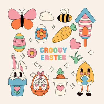 Groovy Happy Easter set. Easter bunny, eggs, butterfly, chicken, bee, flower. Set of cartoon characters and elements in trendy retro 60s 70s cartoon style. Flat vector hand drawn illustration.