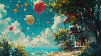 Fototapeta na wymiar Beautiful seascape with palm trees, hot air balloons and house on a sunny day