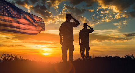 USA army soldiers saluting on a background of sunset or sunrise and USA flag. Greeting card for Veterans Day, Memorial Day, Independence Day. America celebration