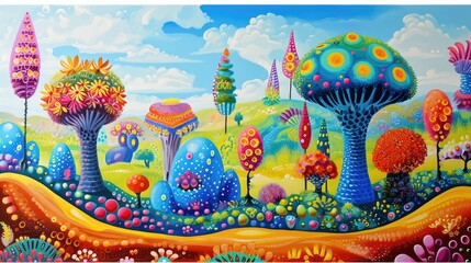 Cartoon landscape with colorful trees and flowers. Illustration for children