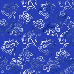 Fototapeta na wymiar Seamless abstract floral pattern. Blue, white. Illustration. Botanical texture. Leaves, flowers texture. Design for textile fabrics, wrapping paper, background, wallpaper, cover.