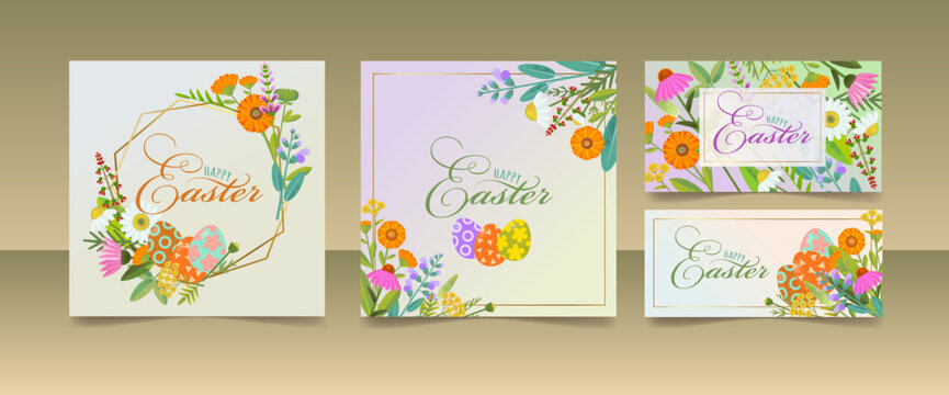 Easter! Vector illustration of Easter eggs, flowers, plants and congratulation frame. Pictures for poster, invitation, card or background