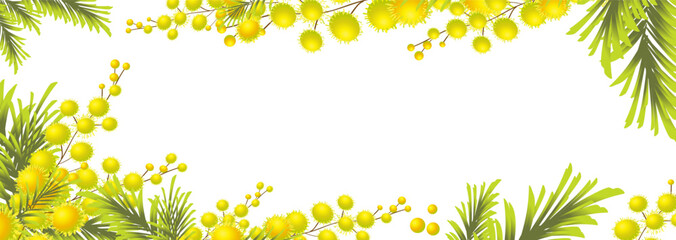 Horizontal frame with Yellow mimosa. Spring wreath of the brightest yellow flowers. Hello Spring . hand drawing. Not AI, - obrazy, fototapety, plakaty