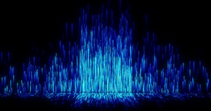 Dynamic abstract histogram with reflection in a horizontal mirror surface. Growing blue columns on a black background.