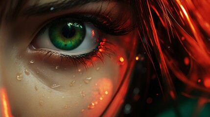 close-up shot of firey eyes of anime samurai girl